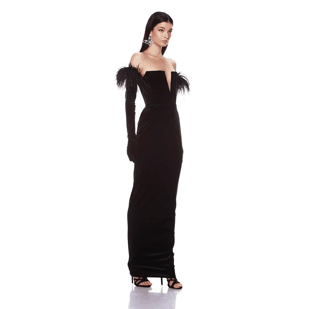 Off Shoulder Long Sleeve Feather Maxi Bandage Dress HL9401