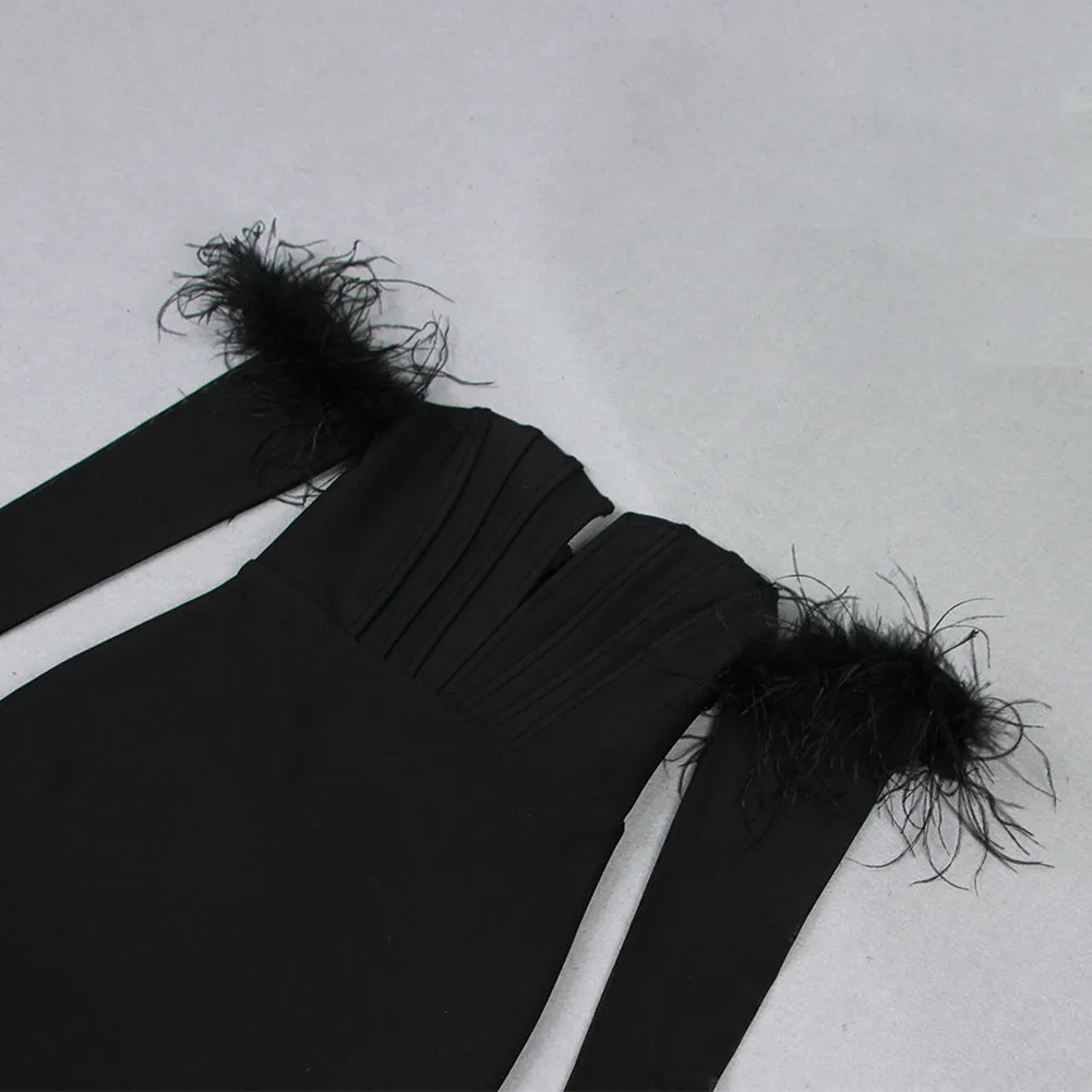 Off Shoulder Long Sleeve Feather Maxi Bandage Dress HL9401