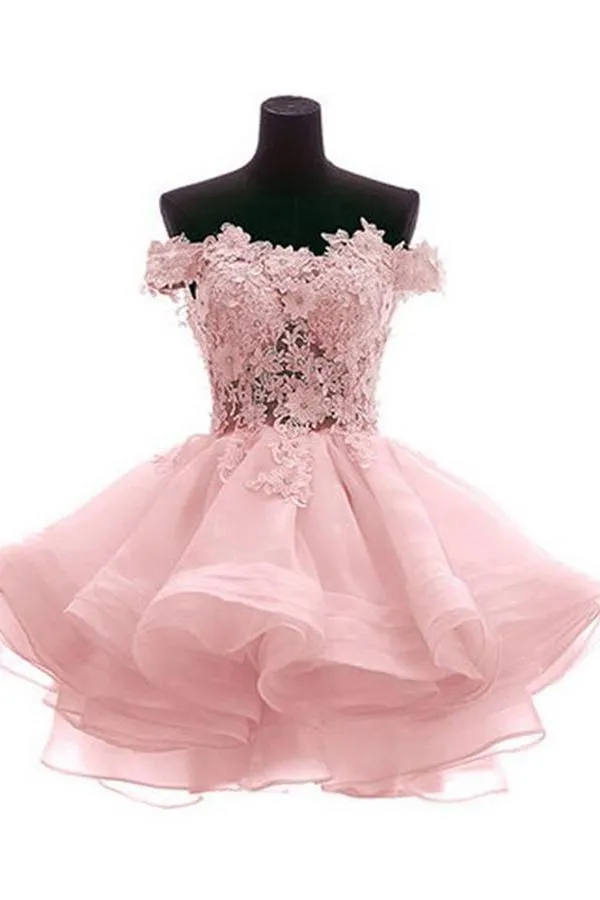 Off Shoulder Pink Lace See Through Short Cheap Homecoming Dresses 2018, BDY0294