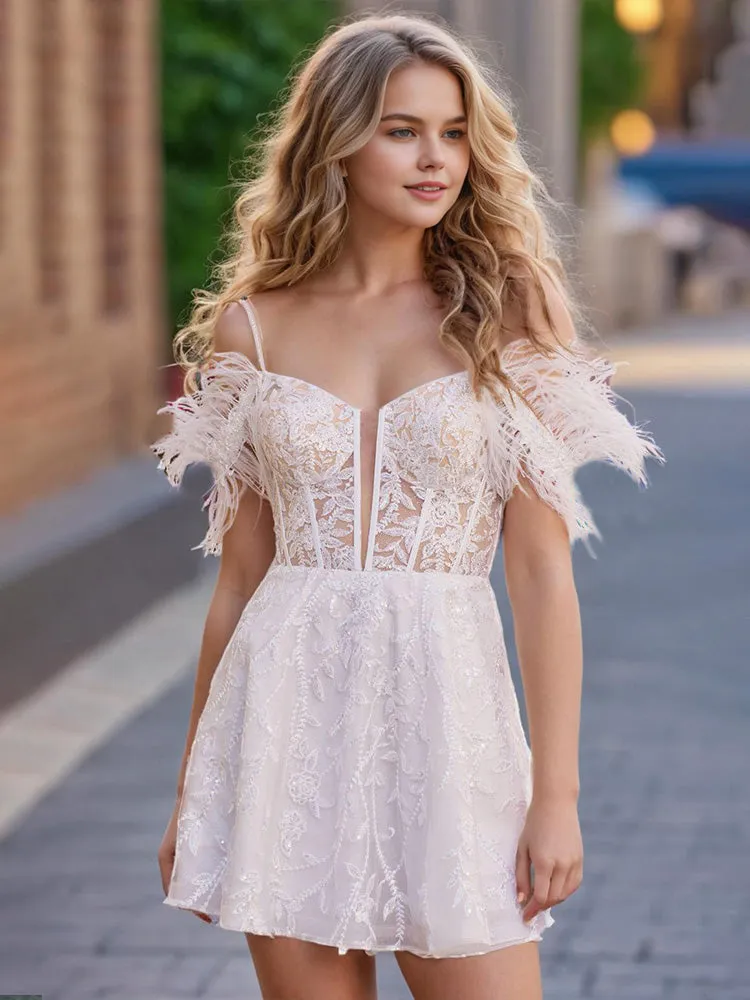 Off-the-shoulder A Line Ivory Homecoming Dresses with Feathers