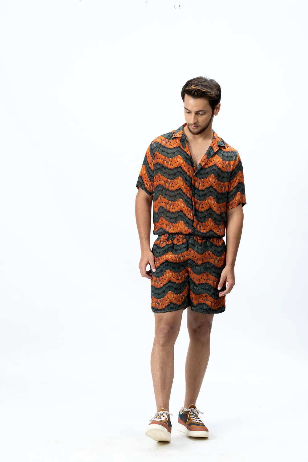 Olive Green & Burnt Orange Printed Shirt and Shorts Set