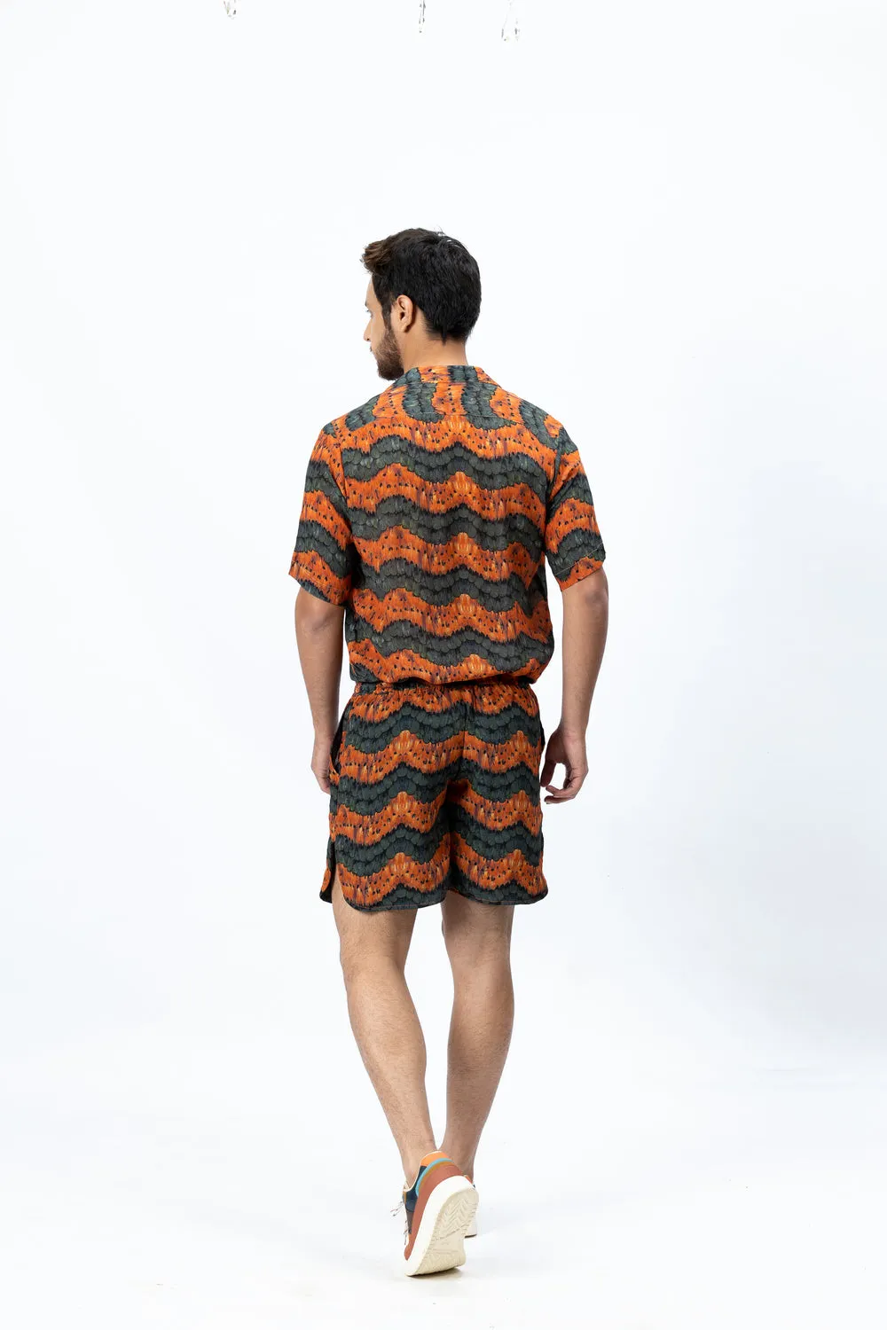 Olive Green & Burnt Orange Printed Shirt and Shorts Set