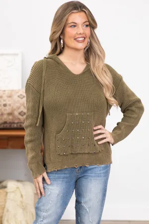 Olive Hooded Sweater With Studded Pocket