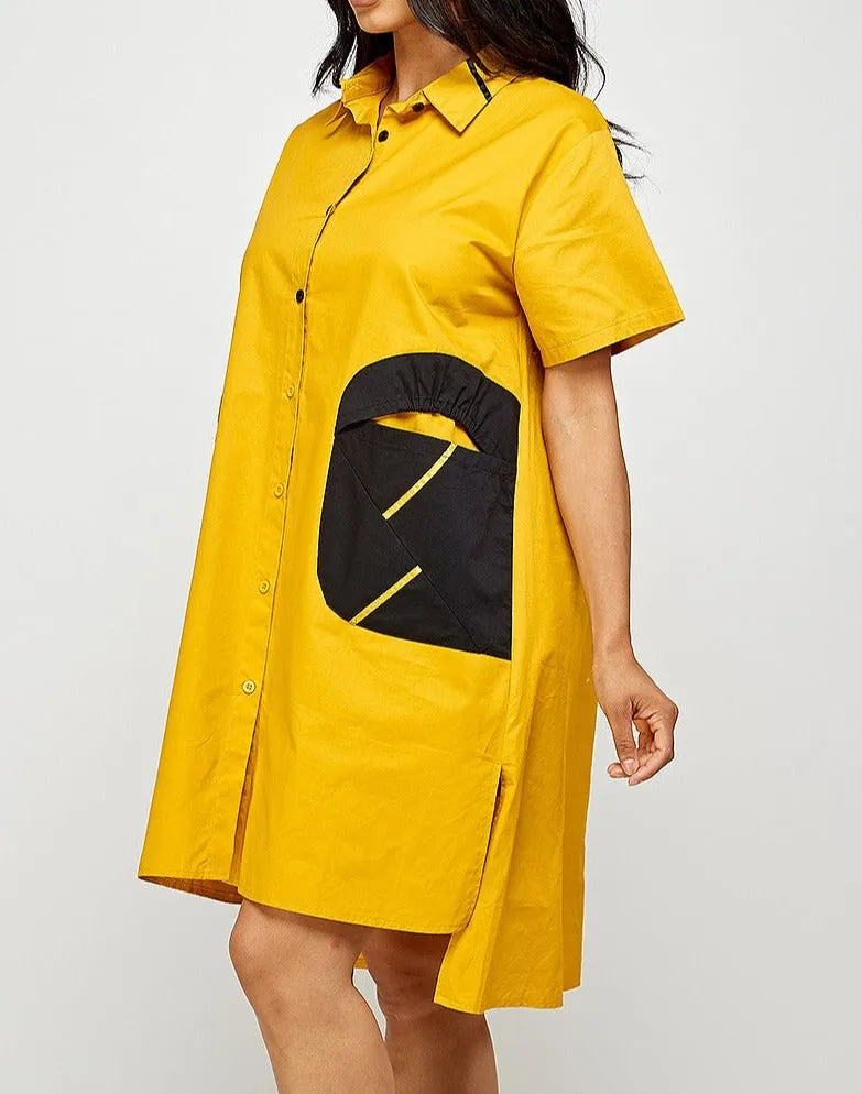 One Size Short sleeve shirt dress with unique contrast pockets. relaxed fit