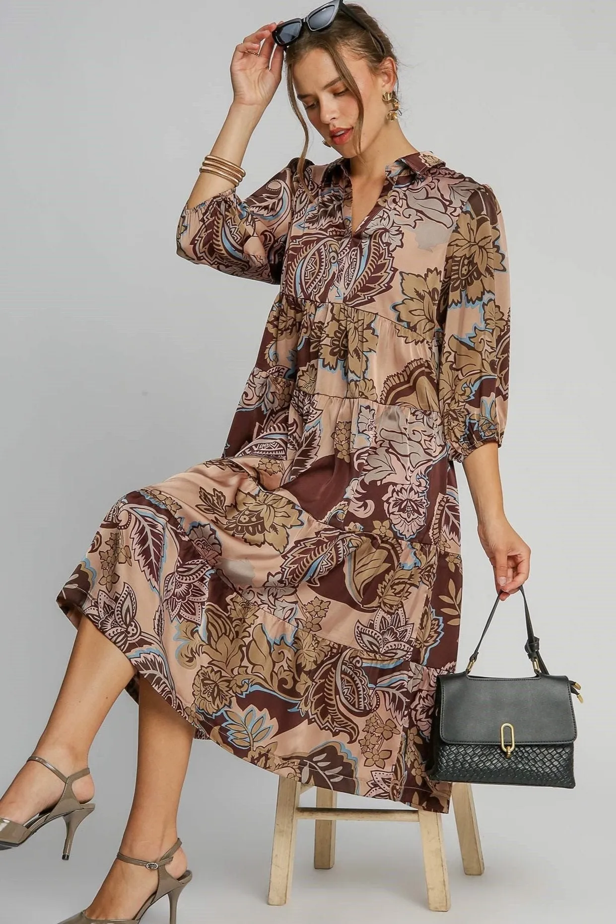 Paisley Print Satin Midi Dress - Brown
