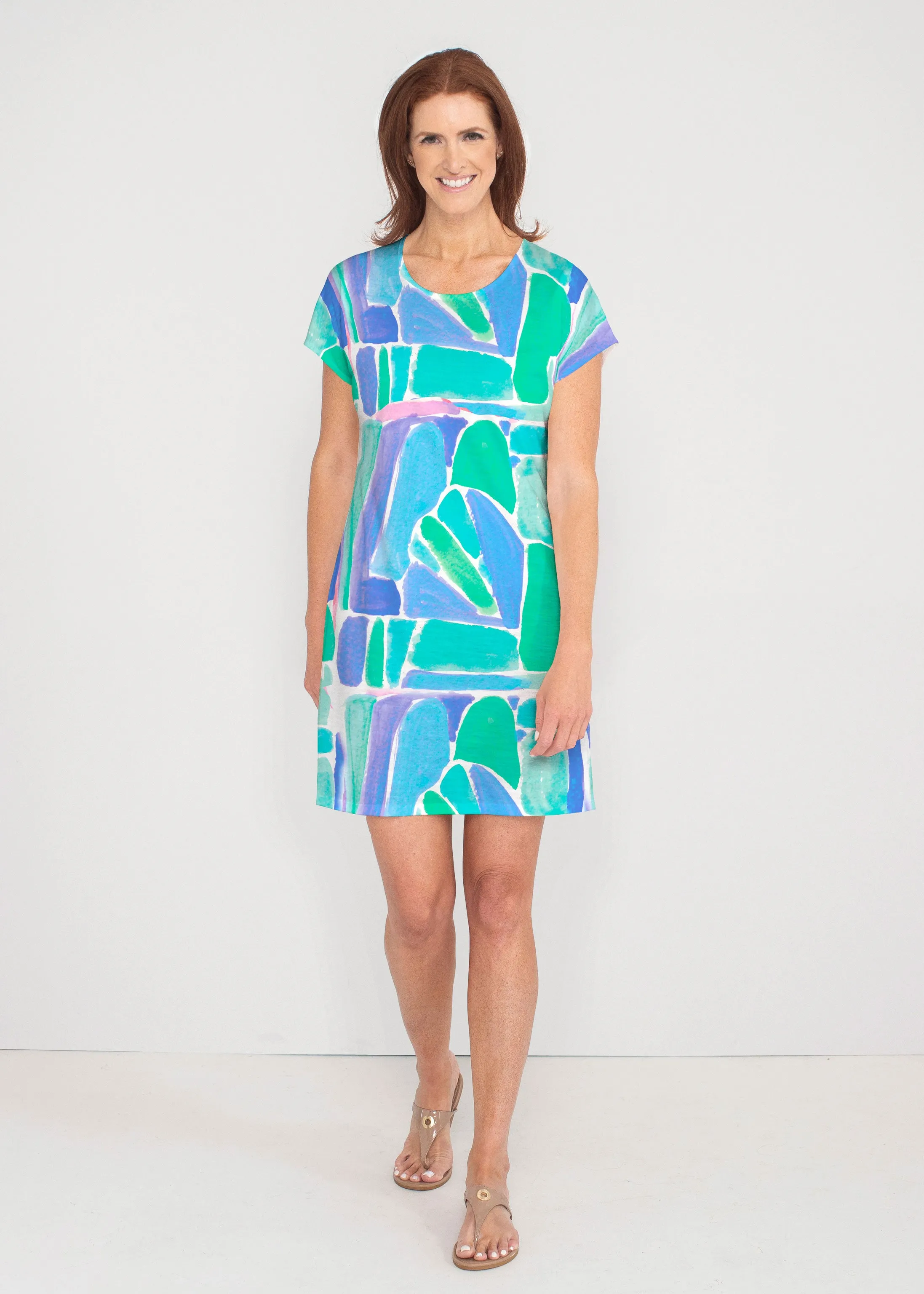 Pebble Walk Blue (17260) ~ French Terry Short Sleeve Crew Dress