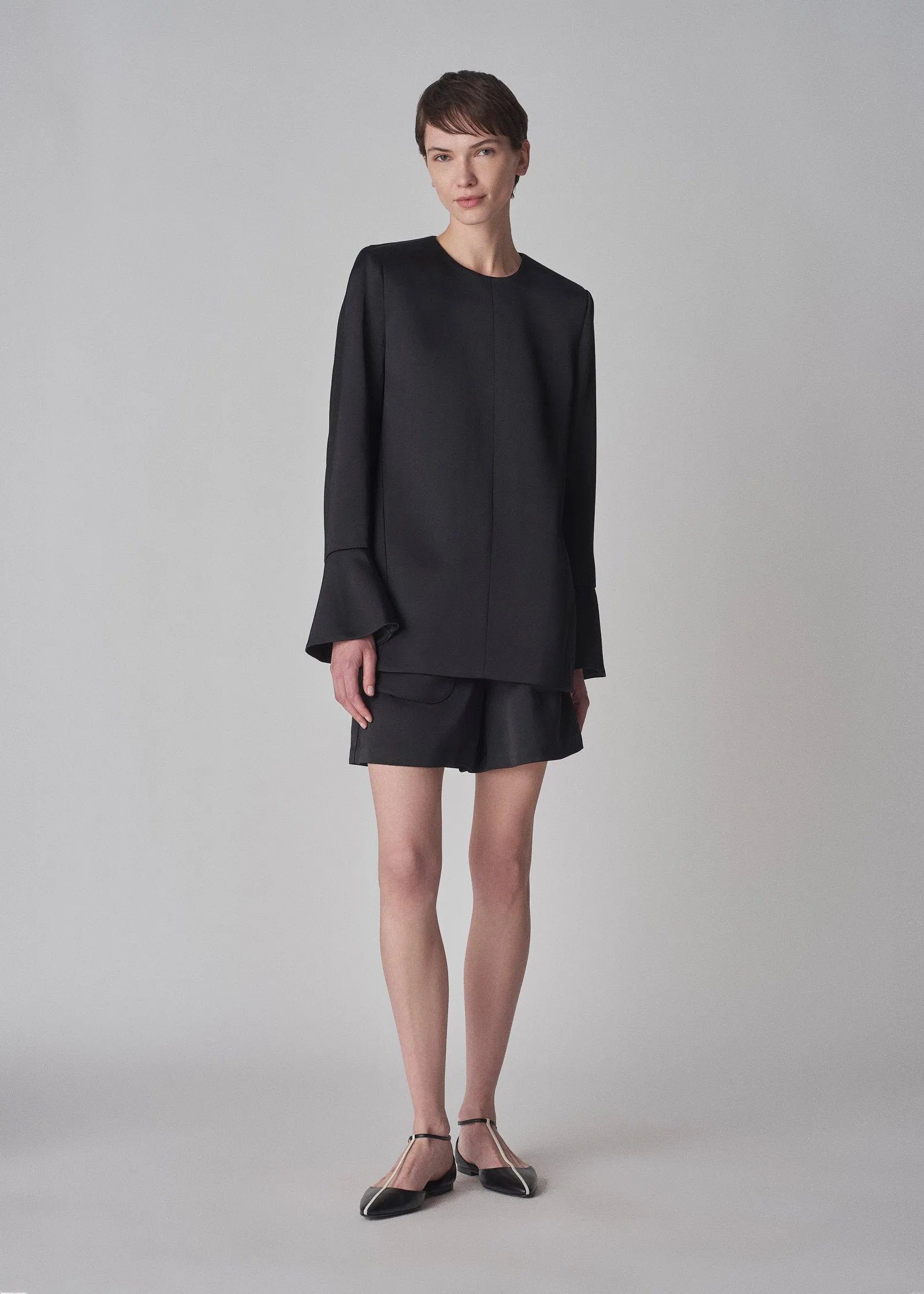 Peplum Sleeve Top in Satin Crepe - Black
