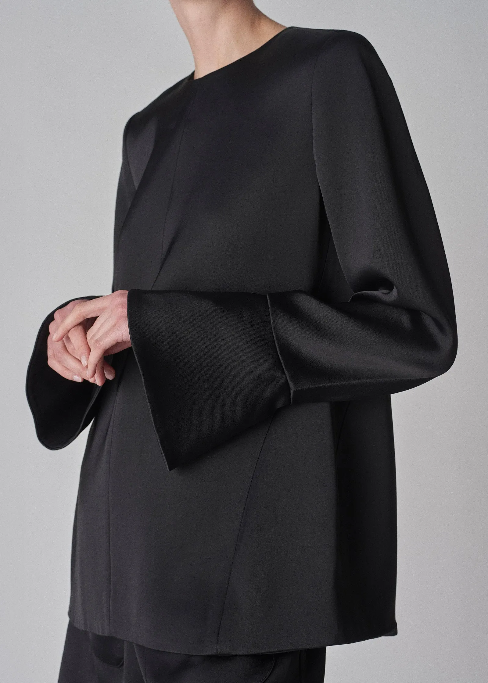 Peplum Sleeve Top in Satin Crepe - Black