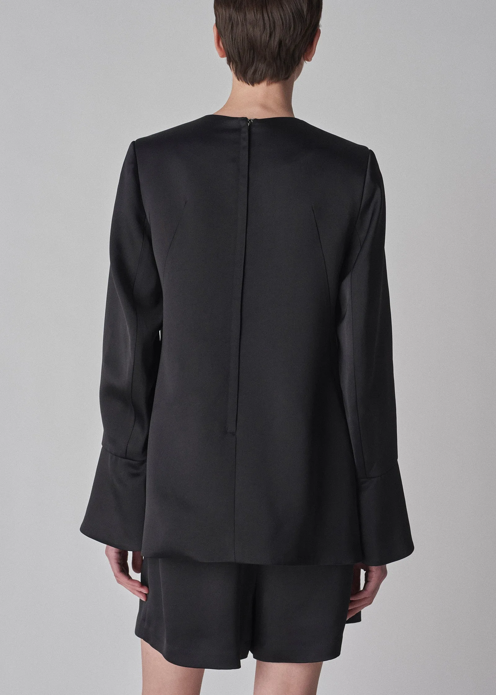 Peplum Sleeve Top in Satin Crepe - Black