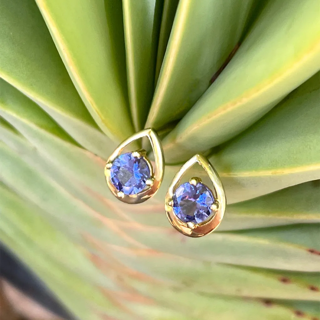 Petite Yellow Gold Droplet Tanzanite Studs