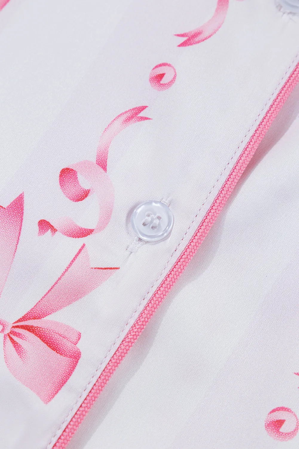 Pink Satin Bow Bell Sleeve Shirt and Ruffled Shorts Pajama Set