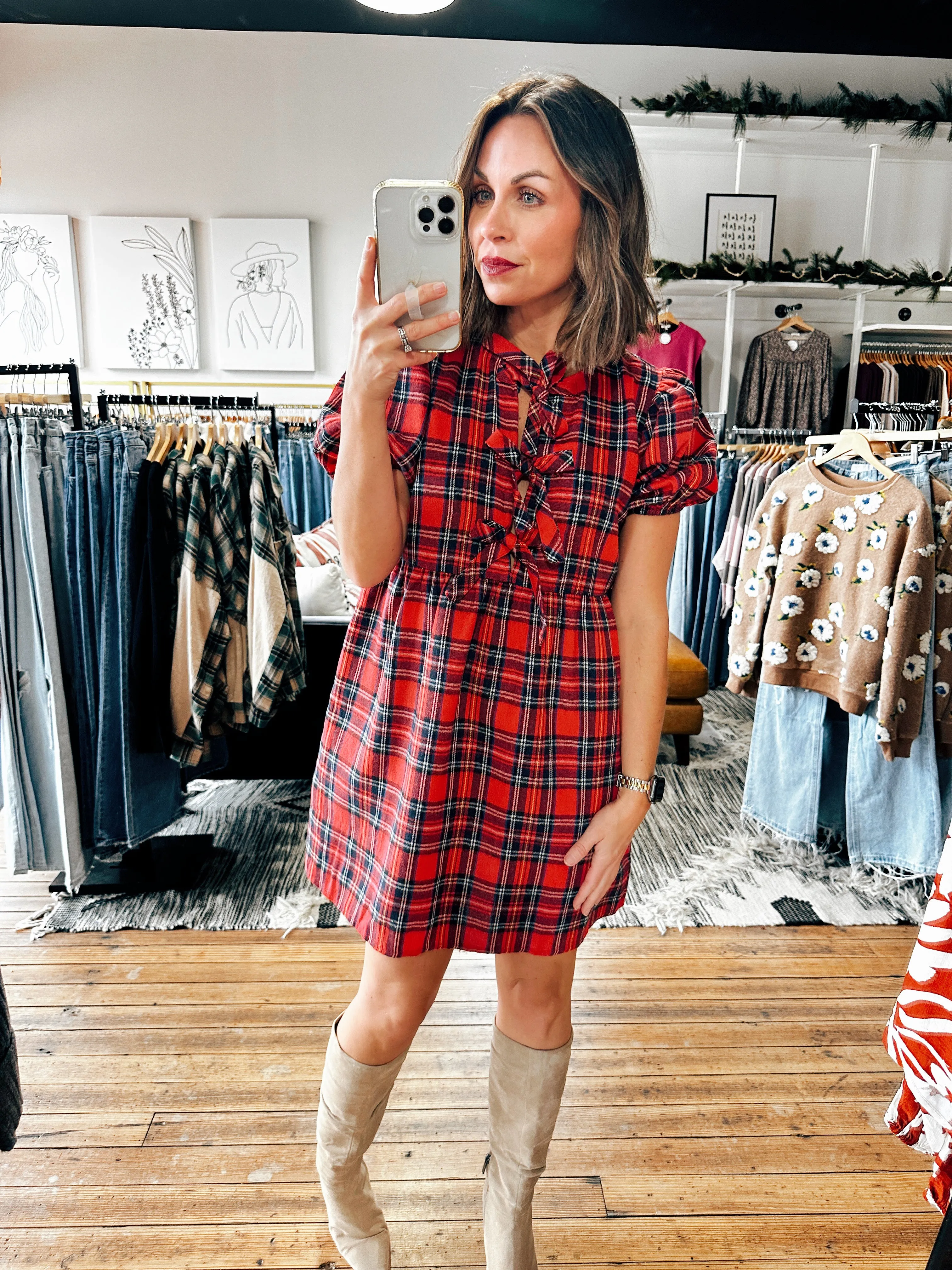 Plaid Puff Sleeve Dress-2 Colors -ALL SALES FINAL