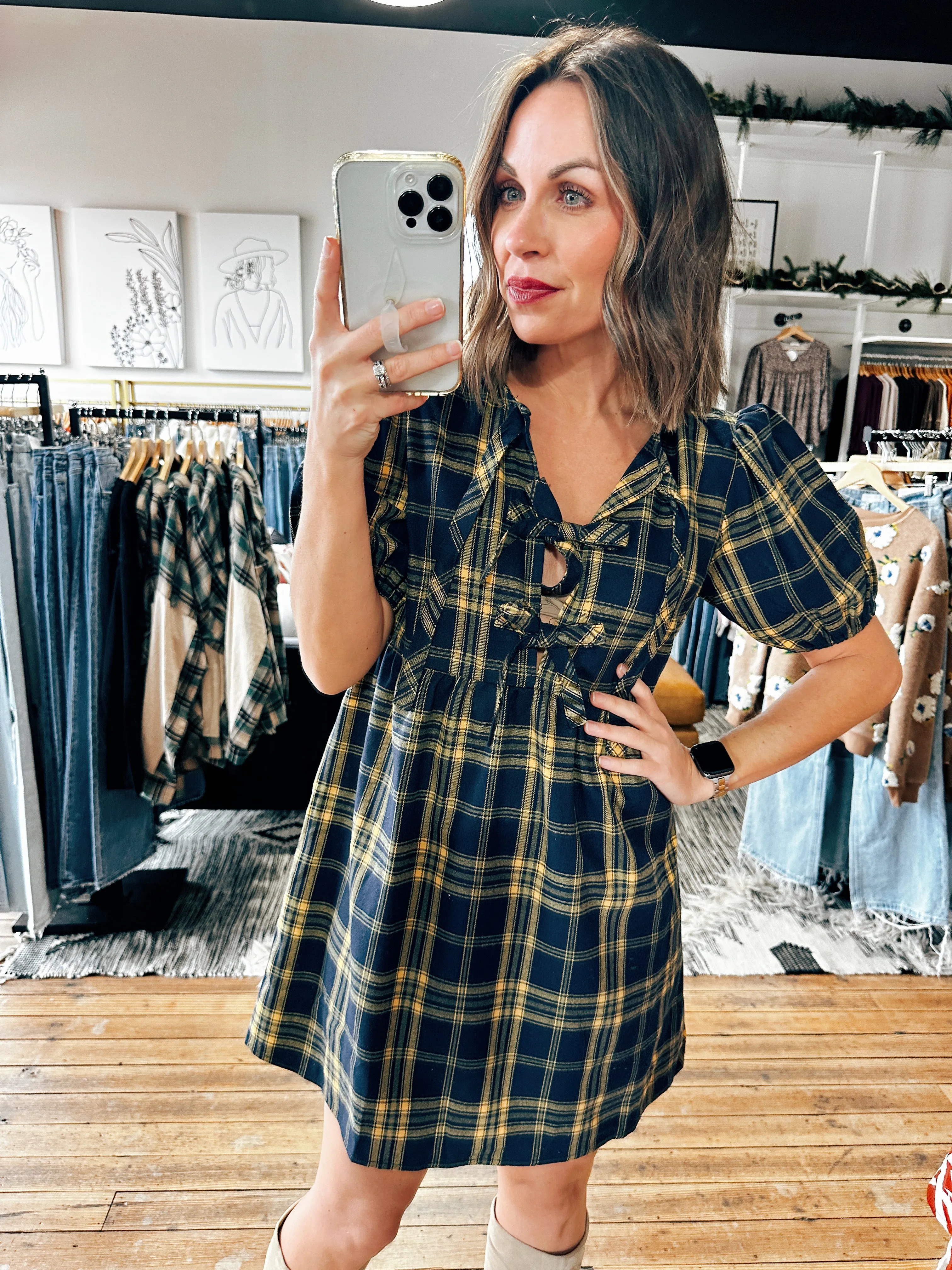Plaid Puff Sleeve Dress-2 Colors -ALL SALES FINAL
