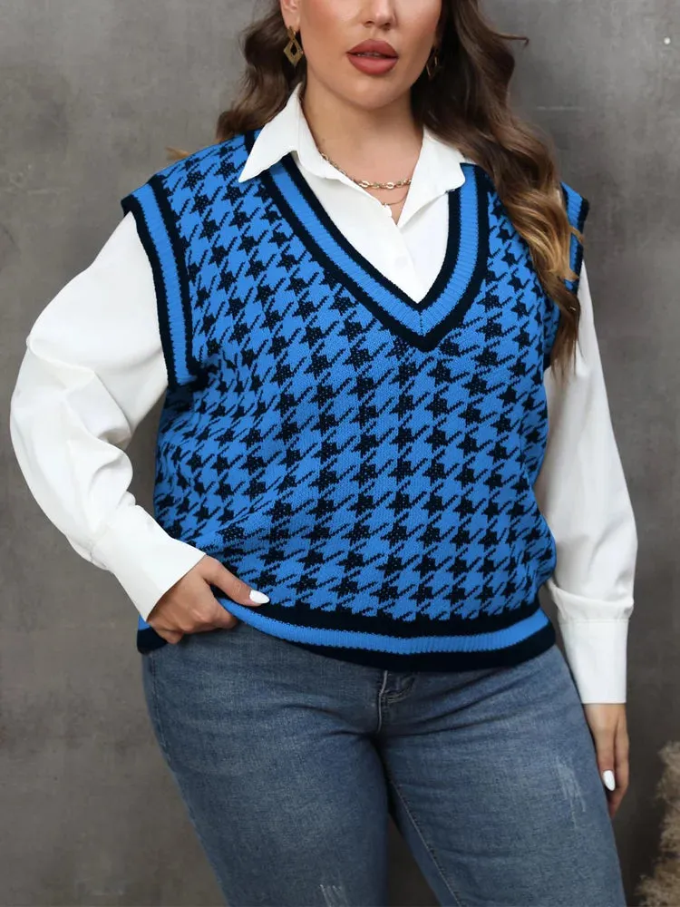 Plus Size Vintage Houndstooth Knitted Sweater Tops