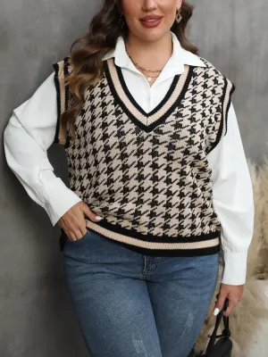 Plus Size Vintage Houndstooth Knitted Sweater Tops