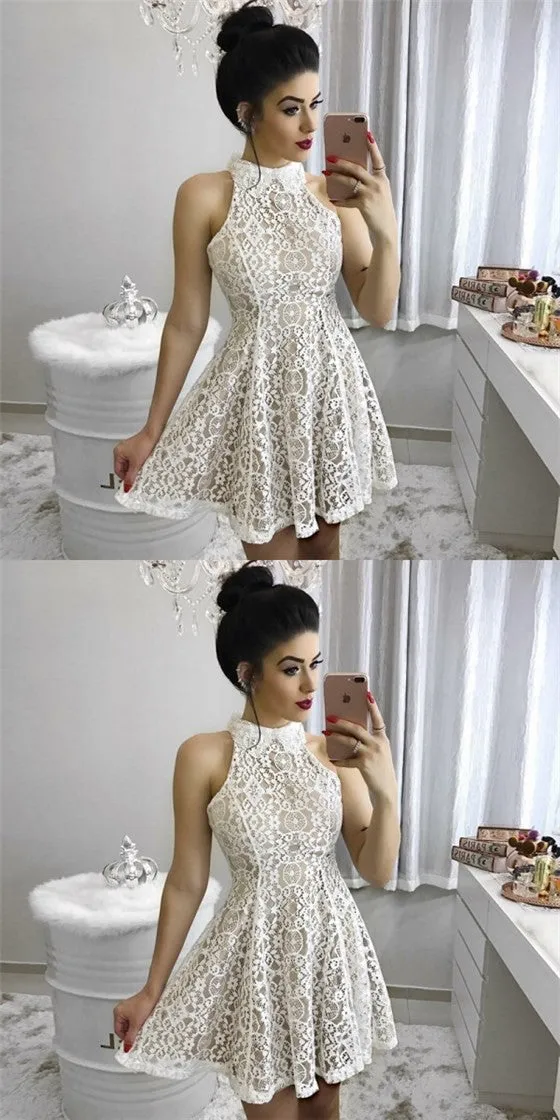 Popular A-Line High Neck Short Lace Cheap Homecoming Dresses, QB0057