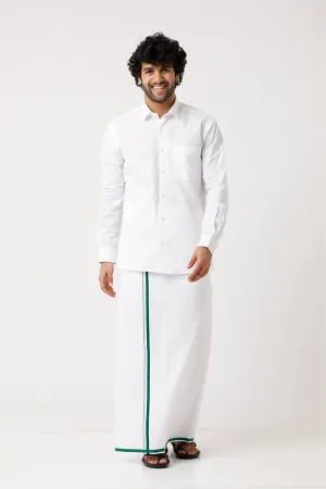 Premium - White Shirt And BB Fancy Single Dhoti Set For Men (Assorted Border) | Uathayam