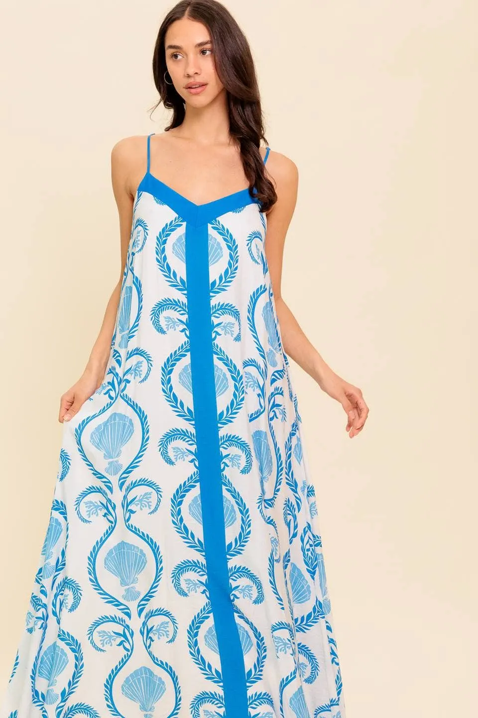 *PREORDER* Printed woven maxi dress: IVORY BLUE