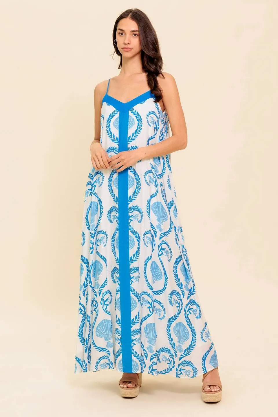 *PREORDER* Printed woven maxi dress: IVORY BLUE
