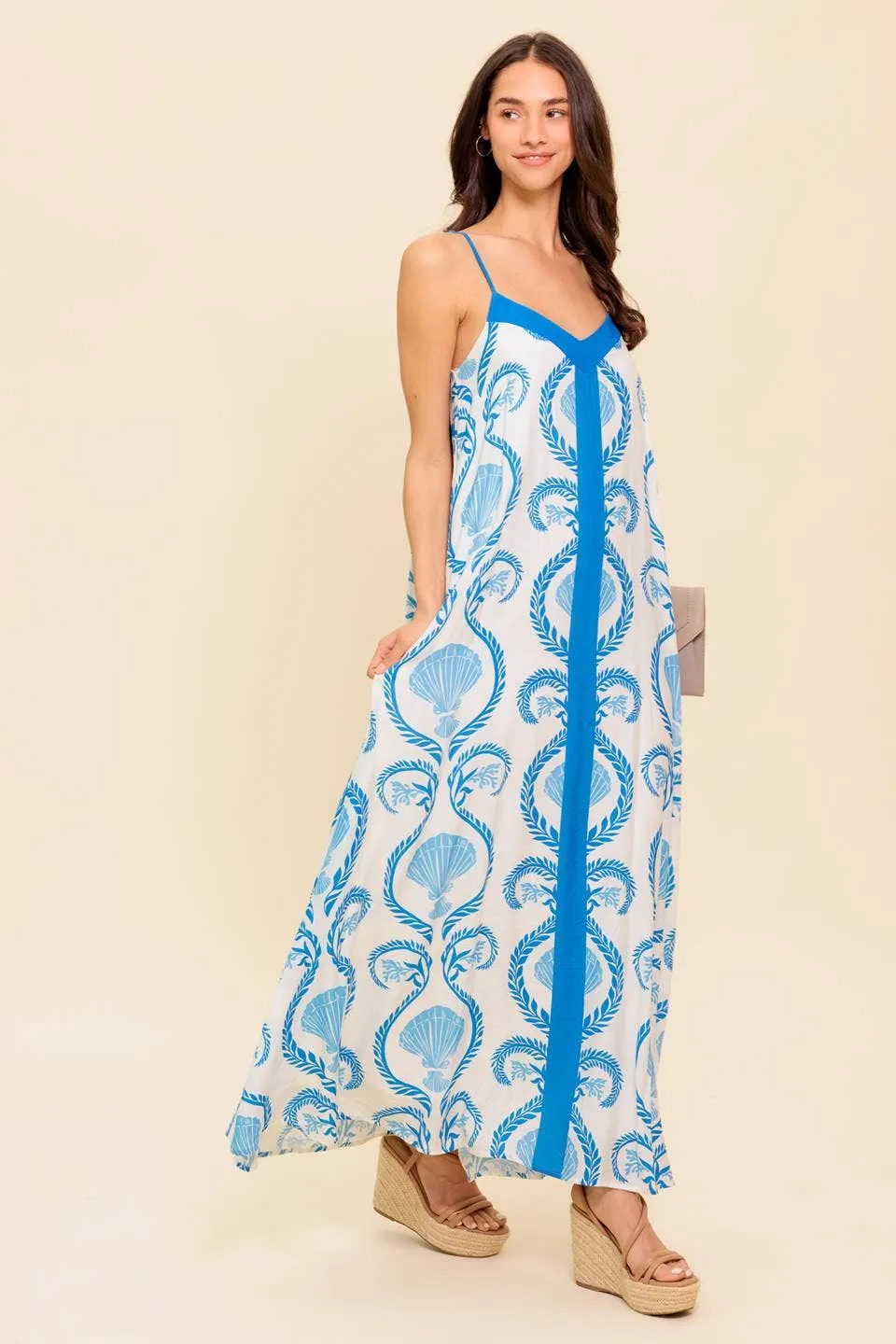 *PREORDER* Printed woven maxi dress: IVORY BLUE