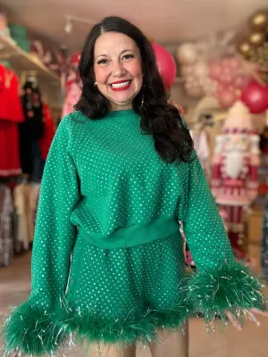 Queen of Sparkles - Green Scattered Rhinestone Feather Tinsel Short