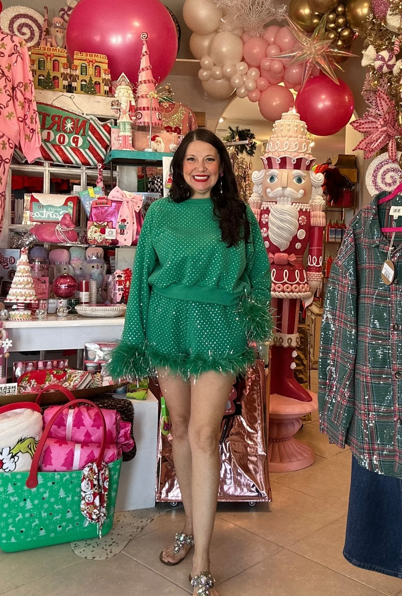 Queen of Sparkles - Green Scattered Rhinestone Feather Tinsel Short