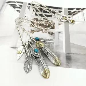 Real Solid 925 Sterling Silver Turquoise Necklace Pendant Feather Leaf Tassel Eagle Punk Hip Hop Jewelry 22"-30"