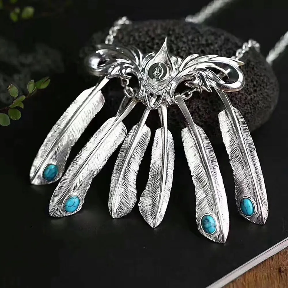 Real Solid 925 Sterling Silver Turquoise Necklace Pendant Feather Tassel Punk Hip Hop Jewelry 22"-30"