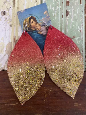 Red and gold feather Statement Earrings