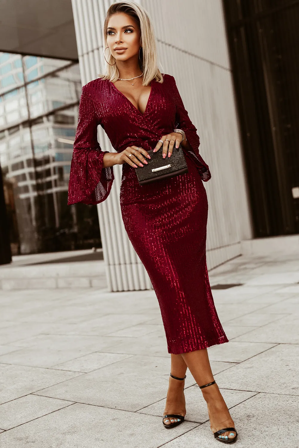 Red Deep V Neck Bell Sleeve Sequin Dress