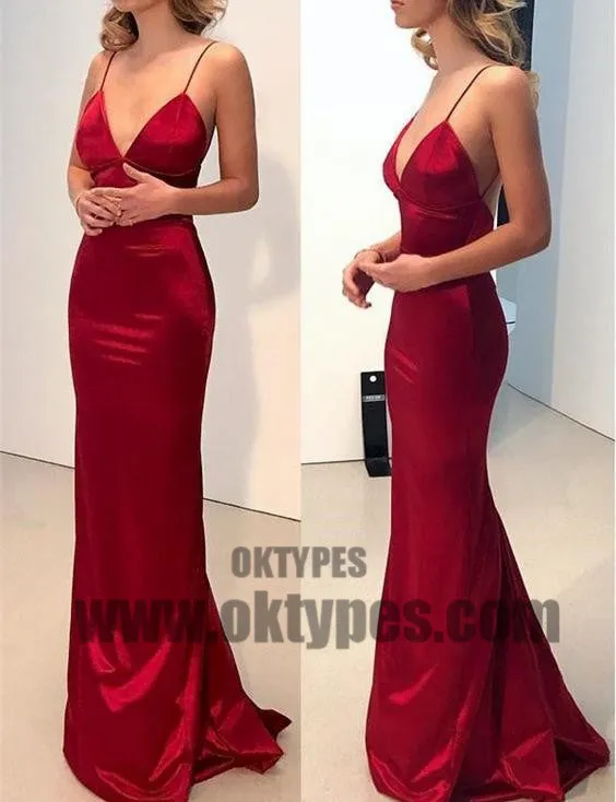 Red Long Floor Length Satin Prom Dresses, Spaghetti Strap Prom Dresses, Sexy Backless Prom Dresses With Little Beading, TYP0262