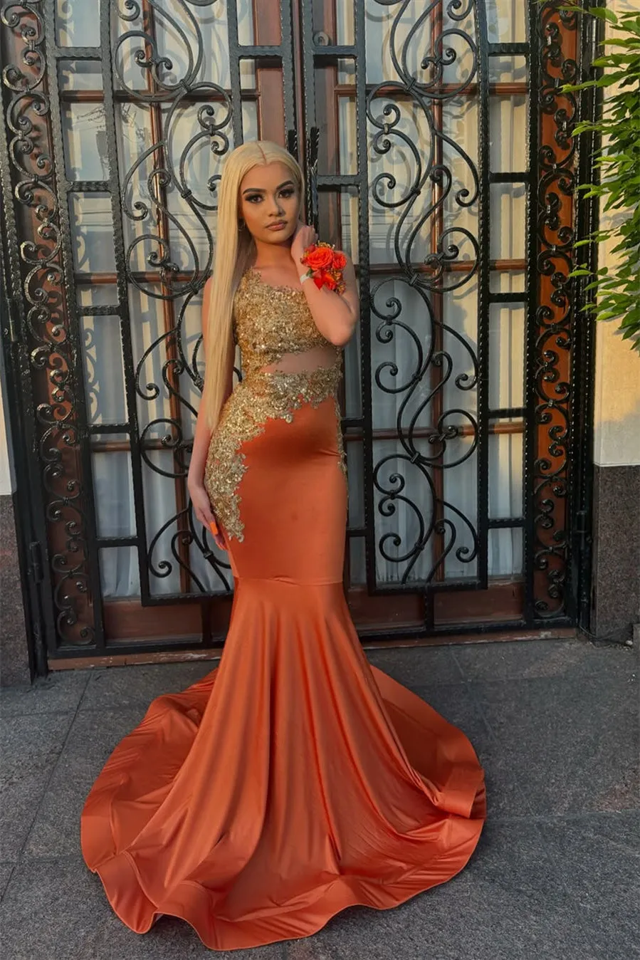 Red Satin Mermaid Column Gold Beaded Sleeveless Long Prom Dresses
