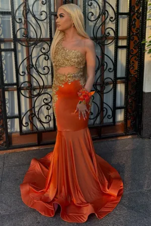 Red Satin Mermaid Column Gold Beaded Sleeveless Long Prom Dresses