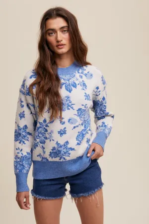 Refined Floral Design Crew Neck Knit Sweater in Blue Rose