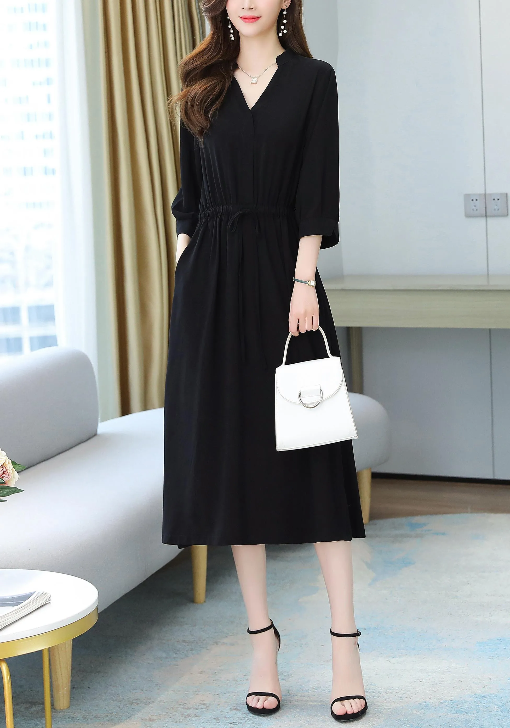 Relaxed-Fit Calf-Length Dress for Women in Elegant French Style