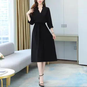 Relaxed-Fit Calf-Length Dress for Women in Elegant French Style