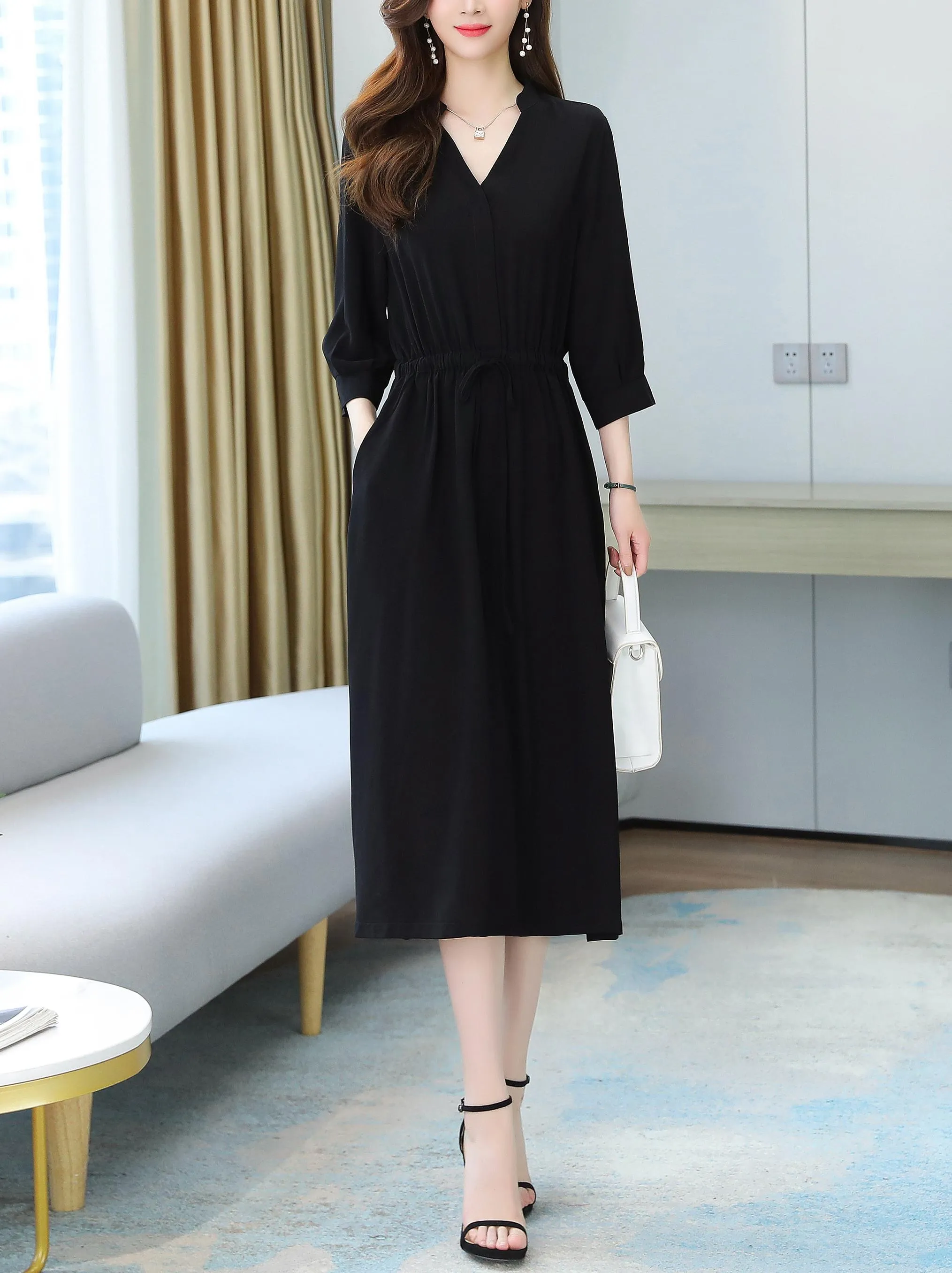 Relaxed-Fit Calf-Length Dress for Women in Elegant French Style