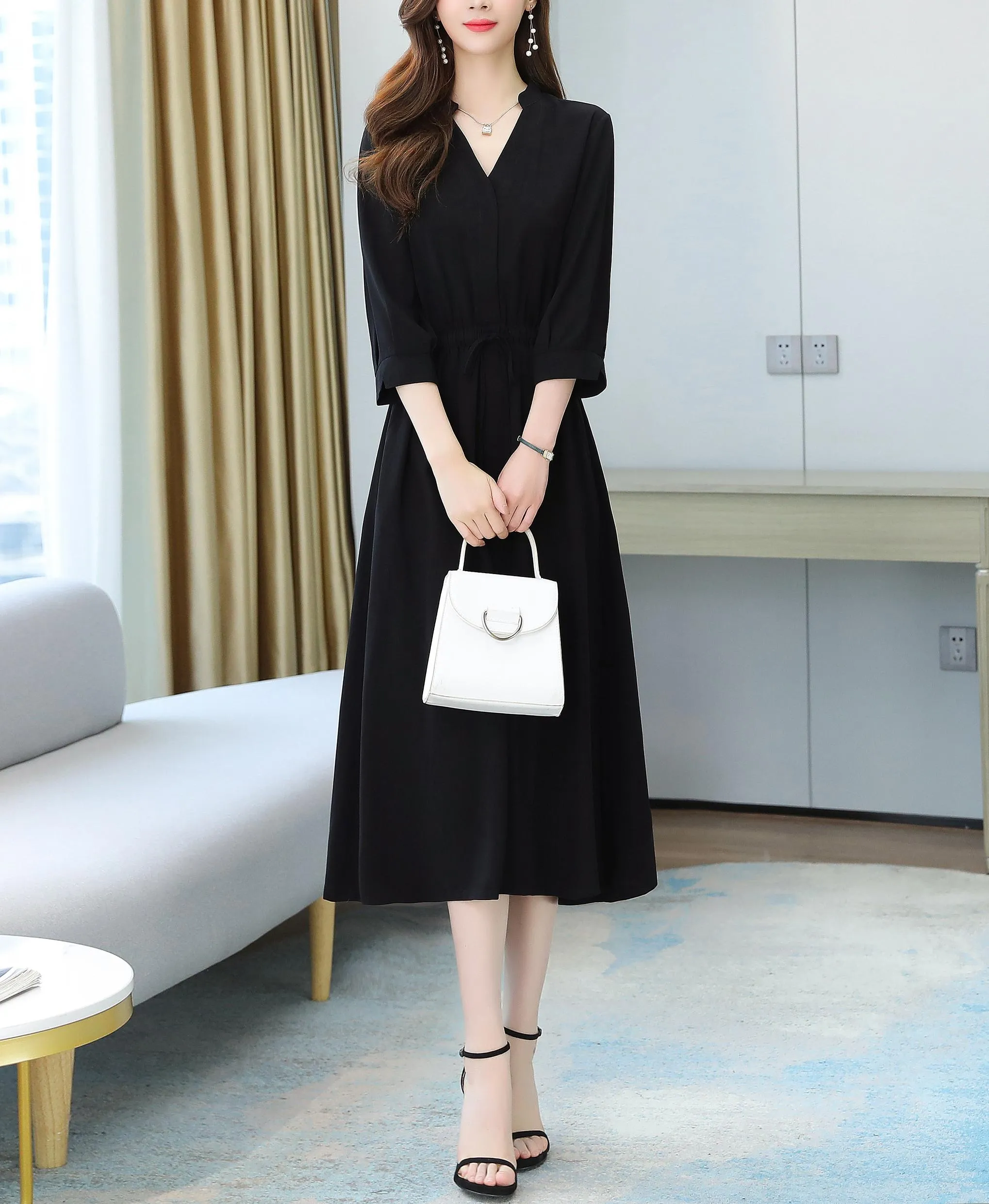 Relaxed-Fit Calf-Length Dress for Women in Elegant French Style