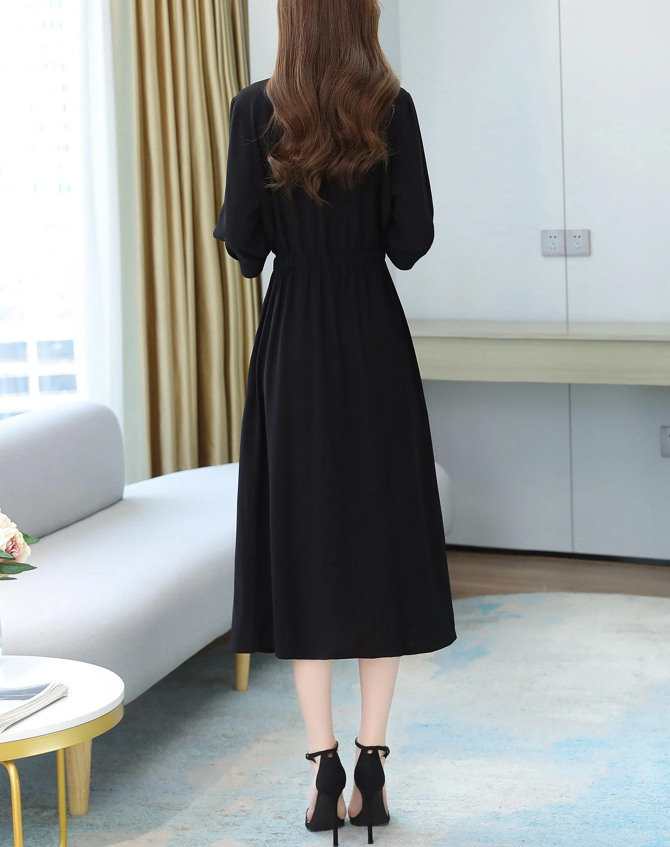 Relaxed-Fit Calf-Length Dress for Women in Elegant French Style