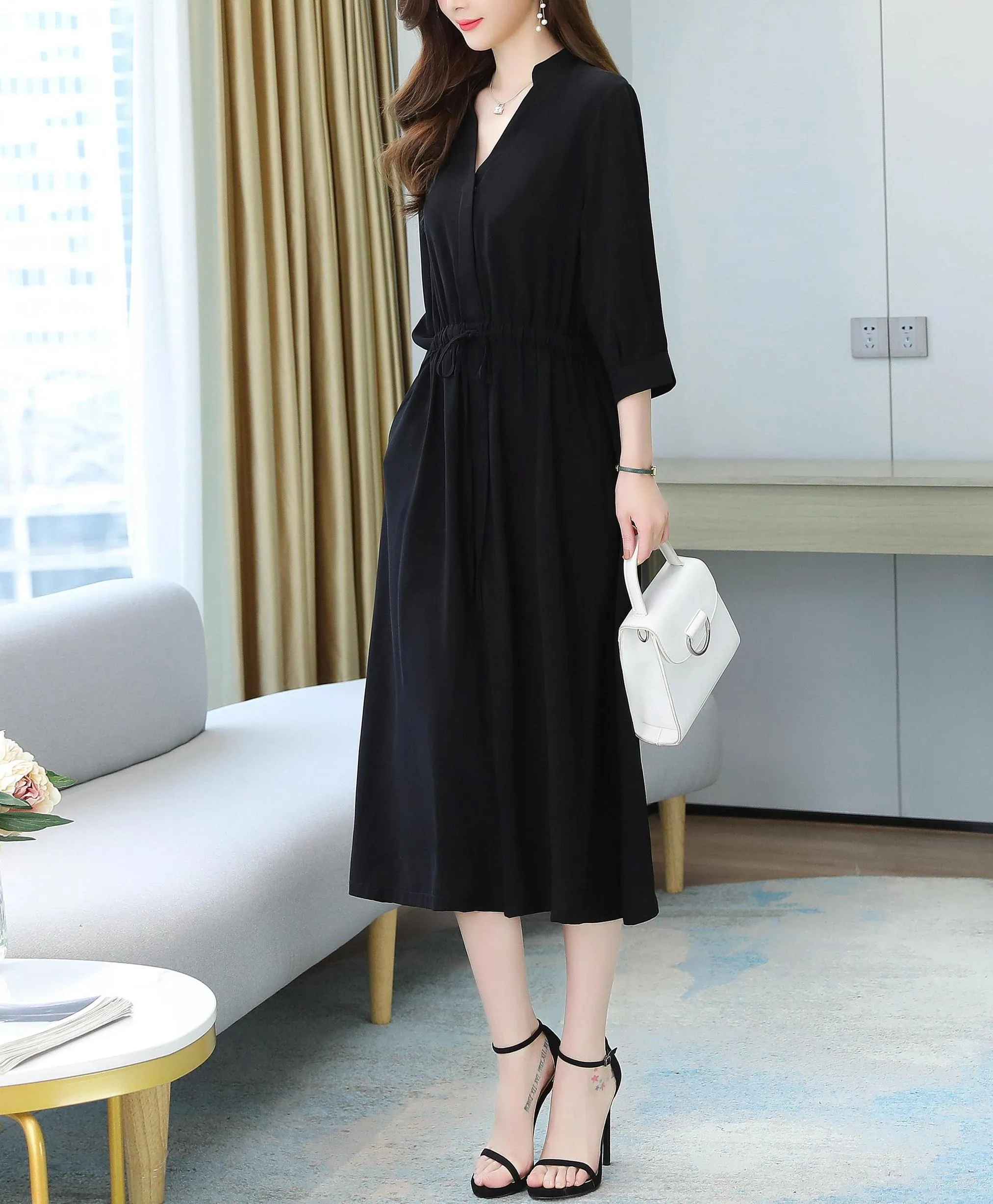 Relaxed-Fit Calf-Length Dress for Women in Elegant French Style