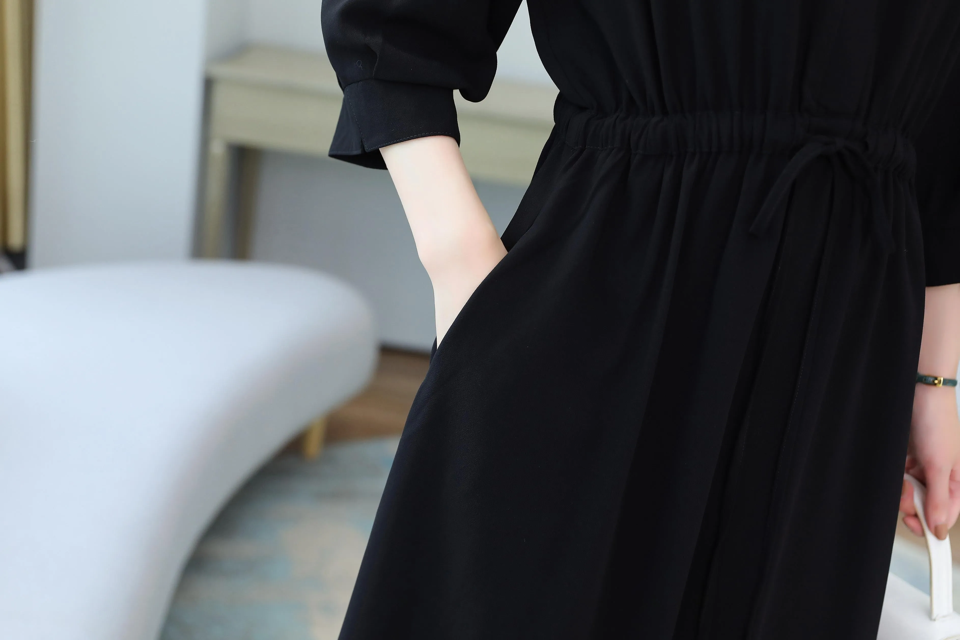 Relaxed-Fit Calf-Length Dress for Women in Elegant French Style
