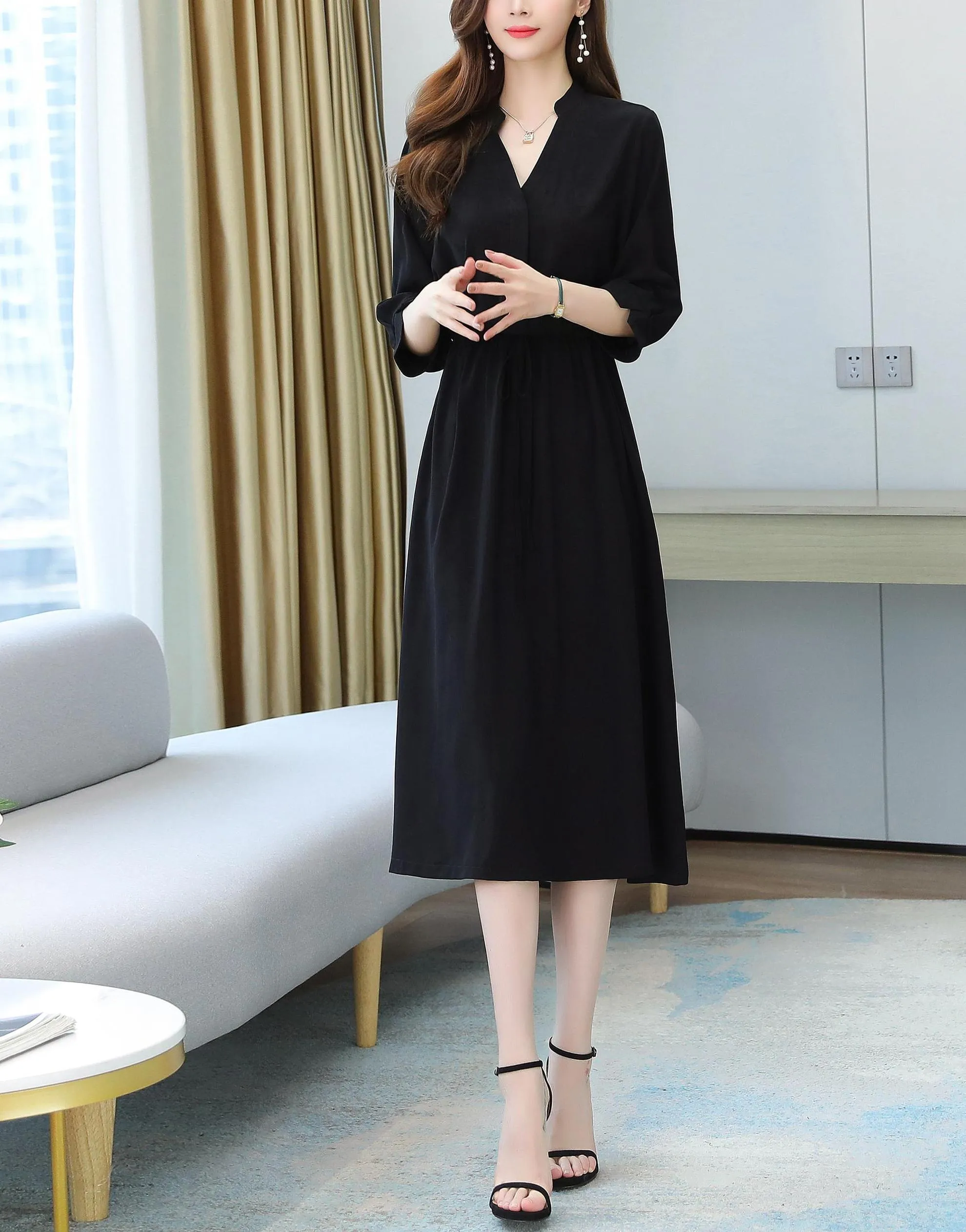 Relaxed-Fit Calf-Length Dress for Women in Elegant French Style