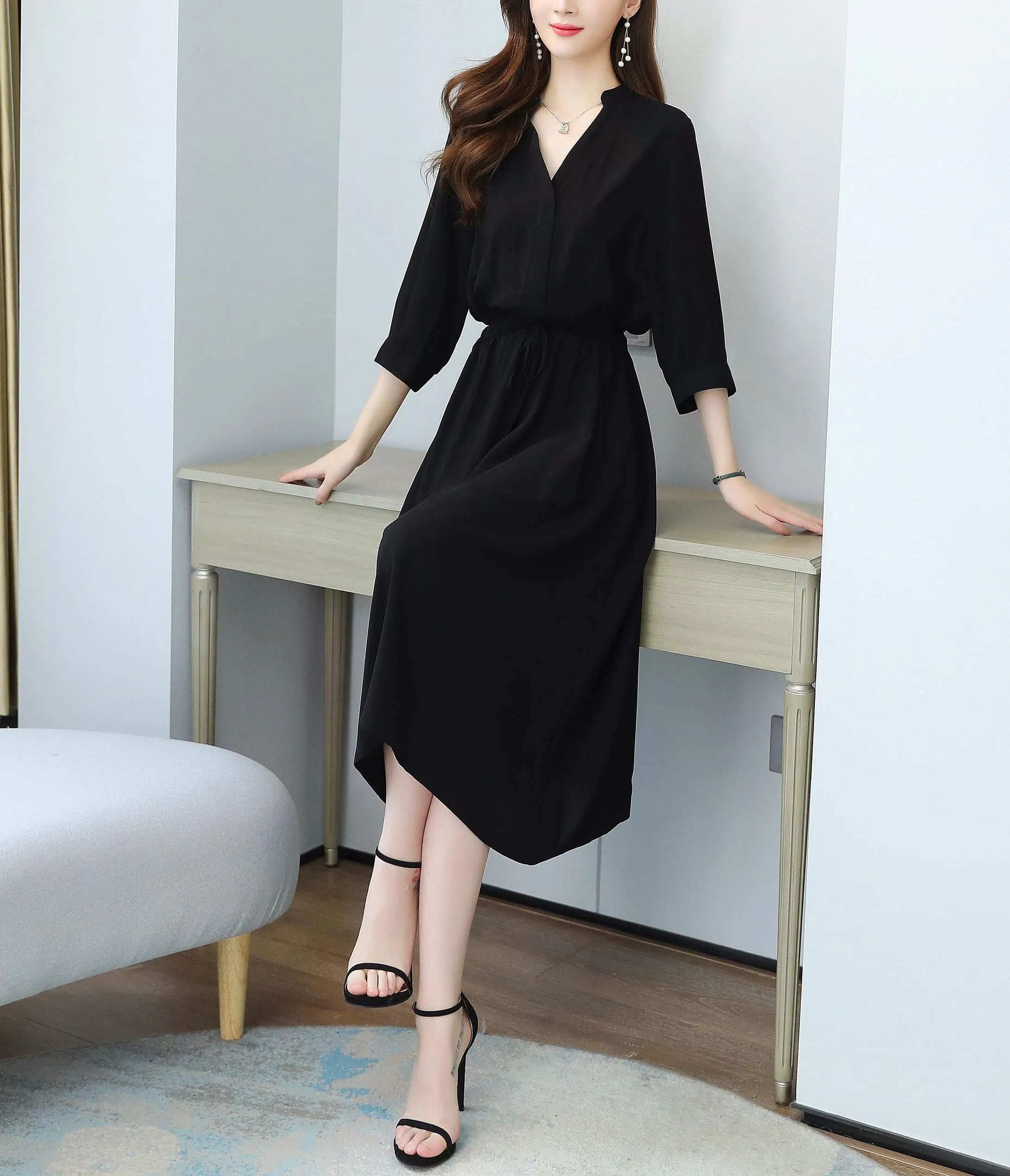 Relaxed-Fit Calf-Length Dress for Women in Elegant French Style