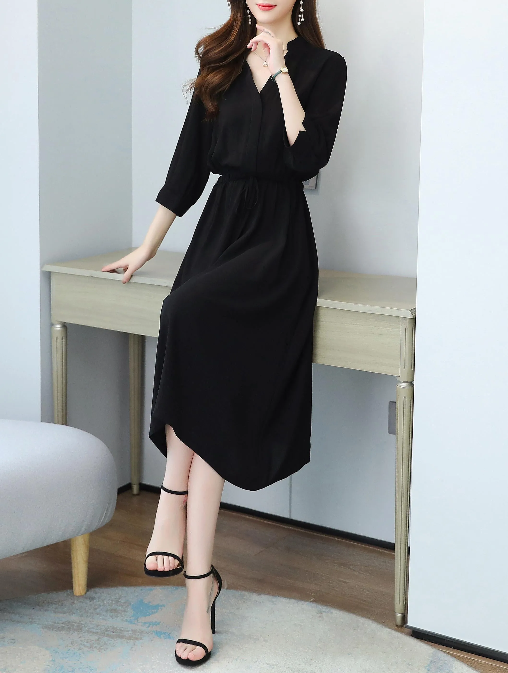 Relaxed-Fit Calf-Length Dress for Women in Elegant French Style