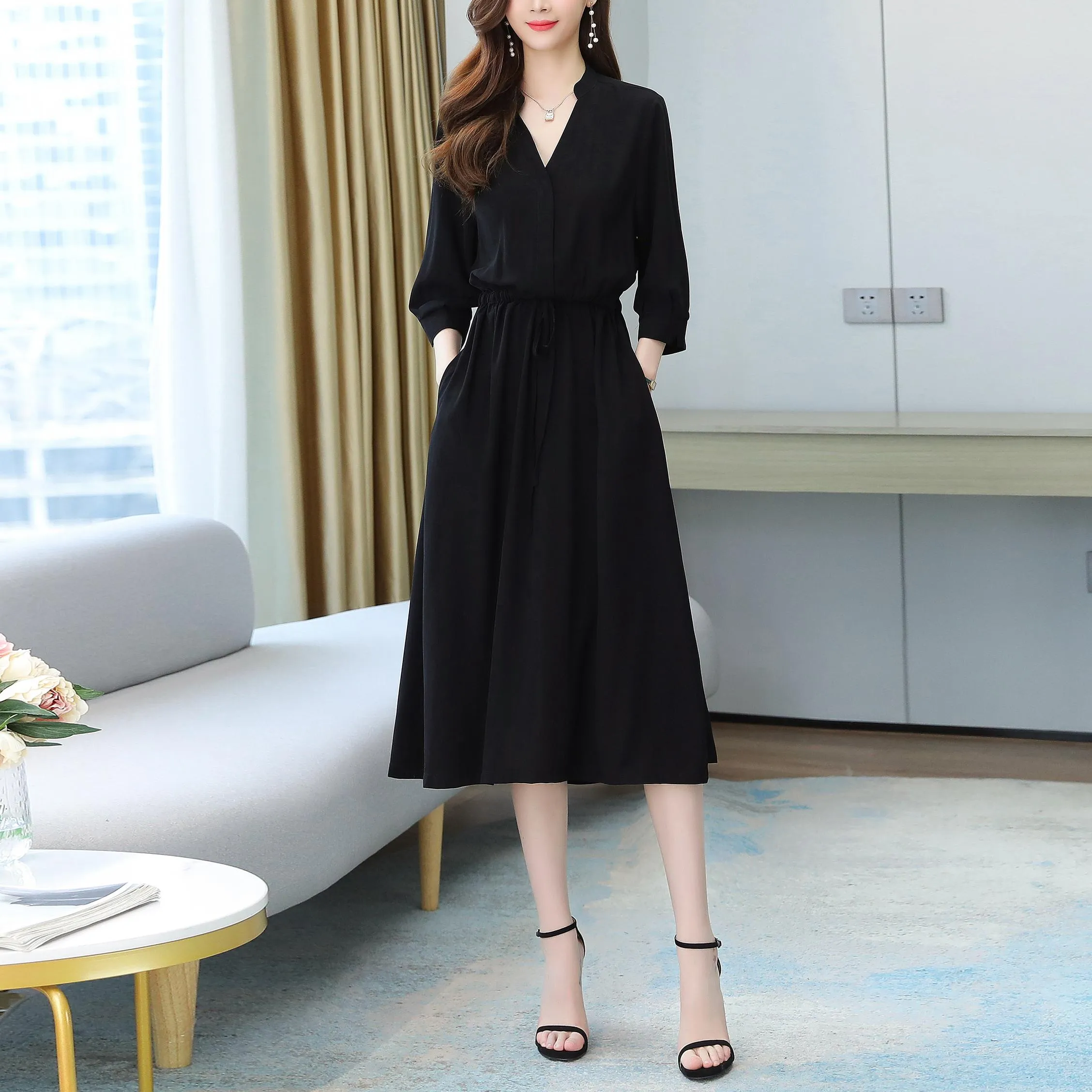 Relaxed-Fit Calf-Length Dress for Women in Elegant French Style