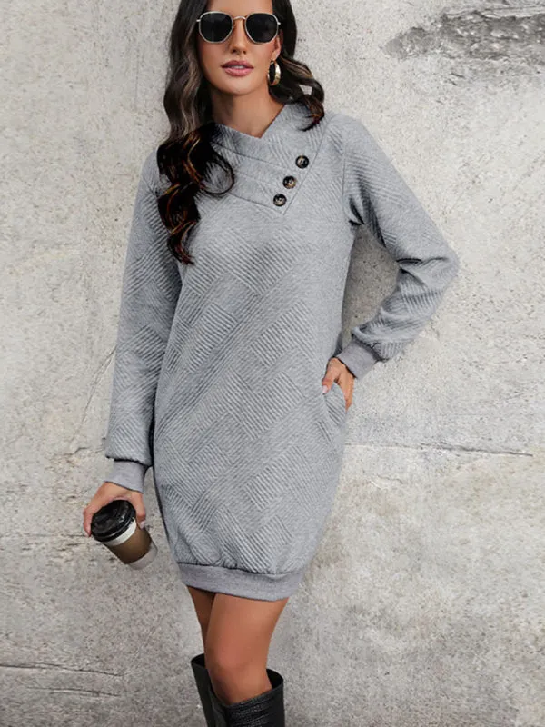 Ribbed Long-Sleeved Sweatshirt Dress with Button Detail