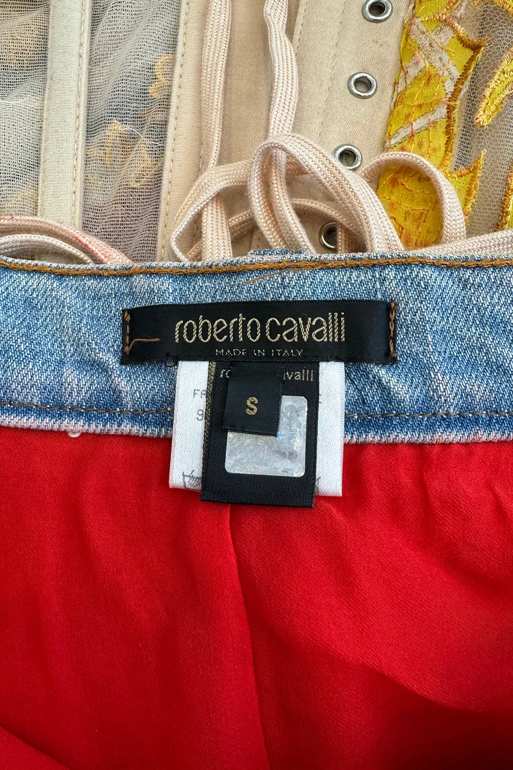 Roberto Cavalli Spring 2003 Yellow Corset & Red Sequin Mini