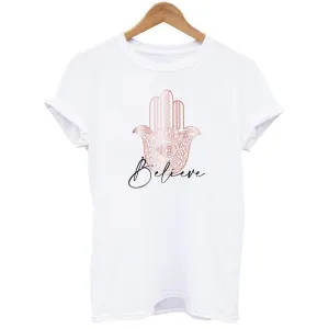 Rose Gold Hamsa Hand Believe Graphic Women's T-shirt