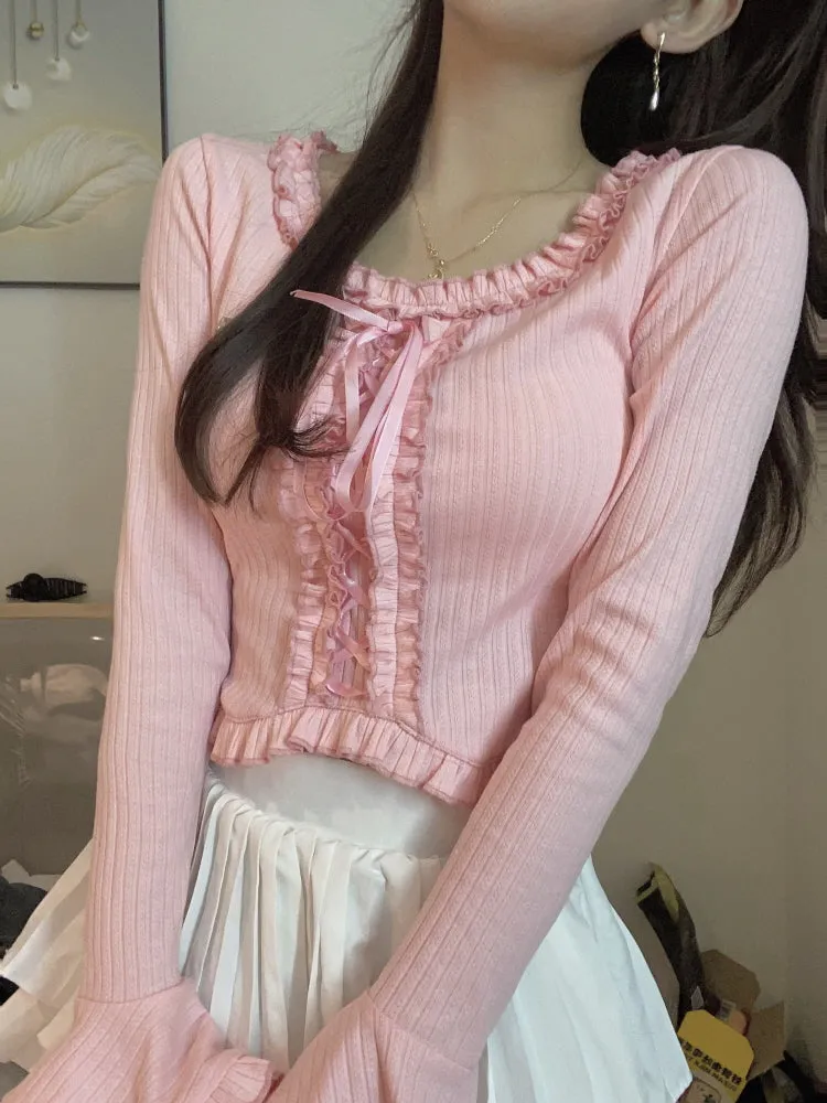 Rosy Ruffle Lace-Up Top