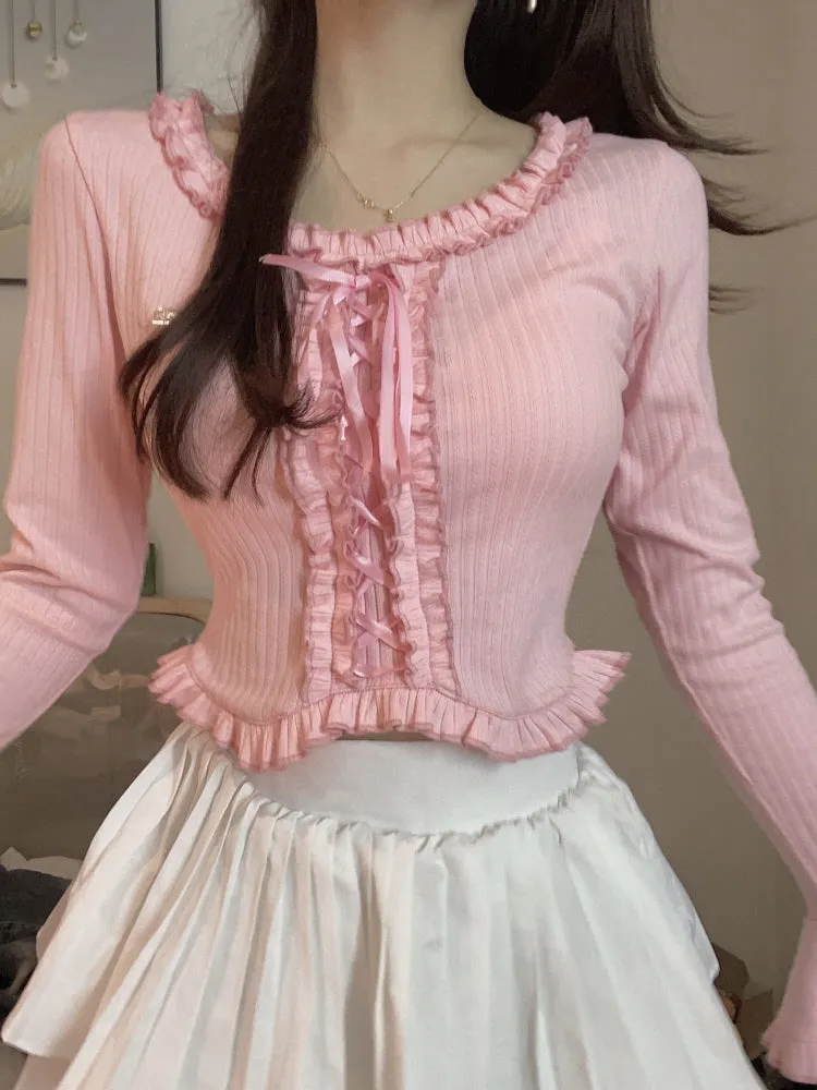 Rosy Ruffle Lace-Up Top